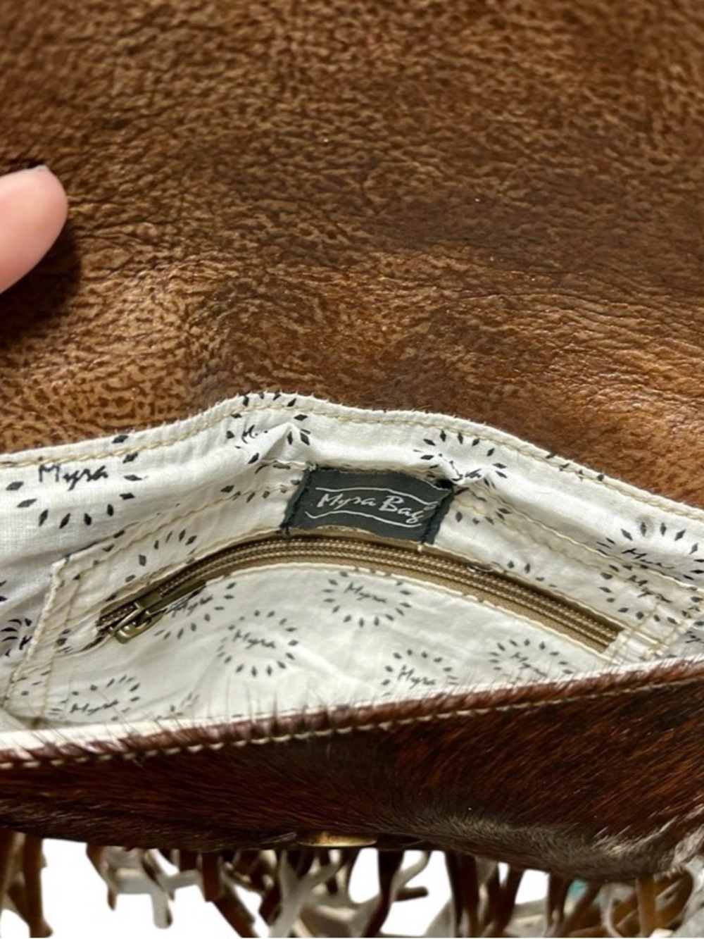 MYRA Fringe Cowhide Crossbody Bag - Brown/White w/ matching key chain - Picture 4 of 6